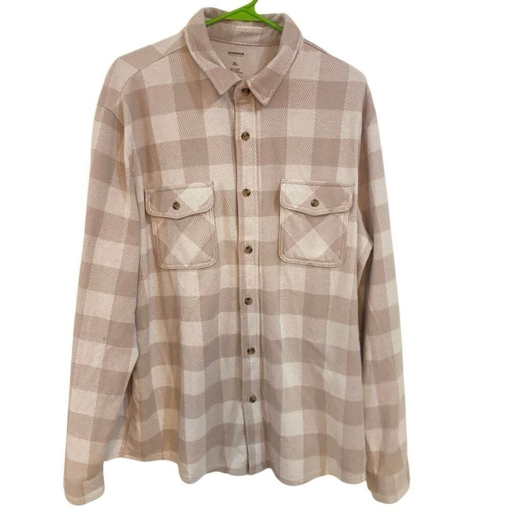 Sonoma XL beige white plaid button down fleece shacket